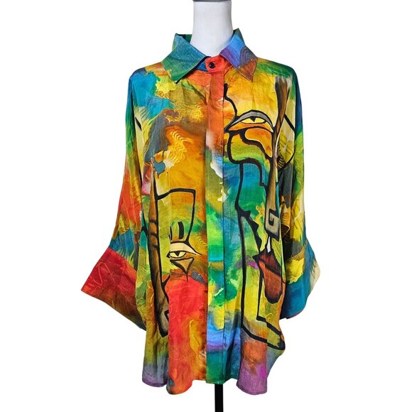 Dilemma New York Abstract Watercolor Button-Up Shirt OS Oversized Art to Wear - Picture 3 of 10